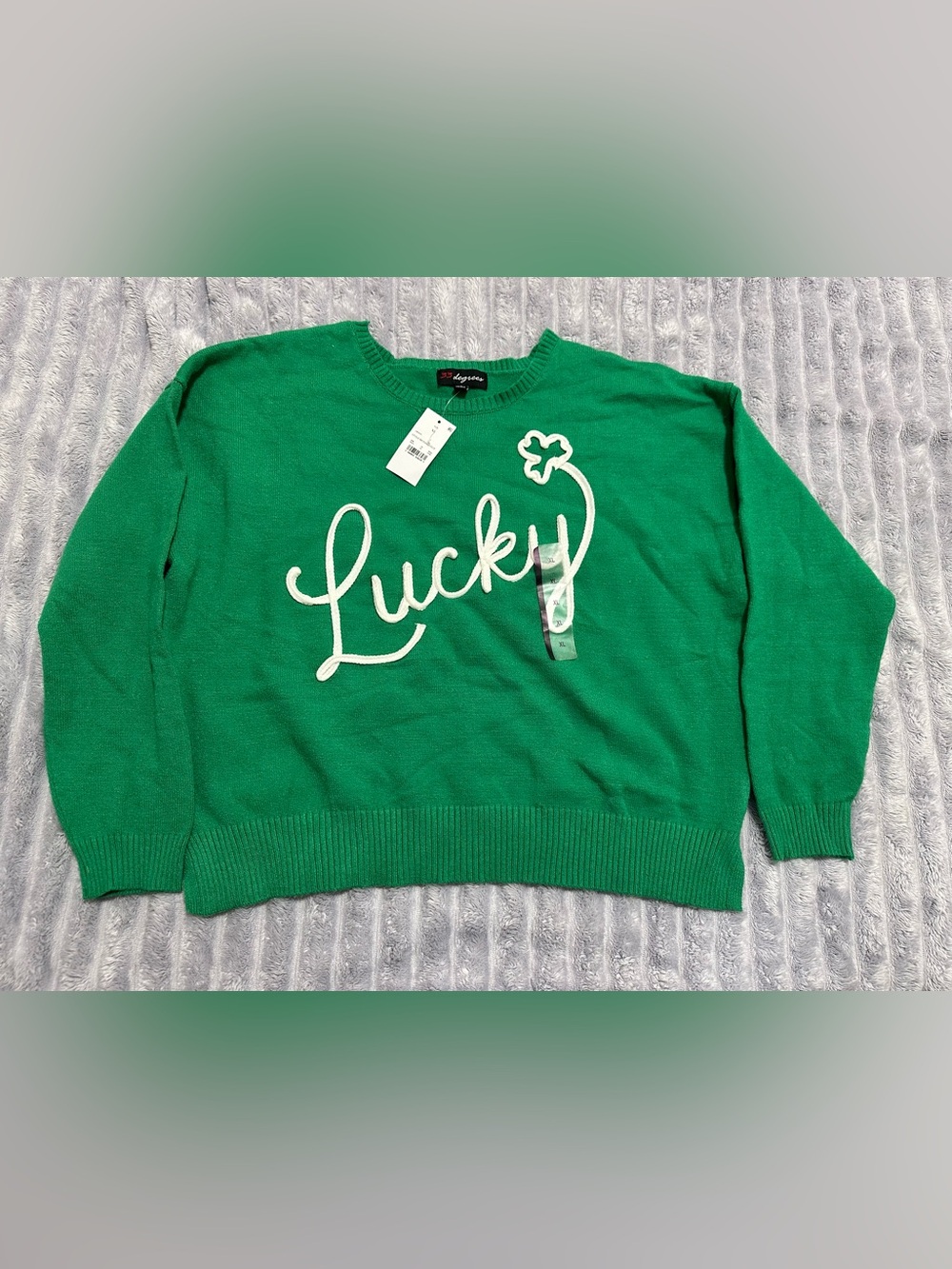 32 Degrees Green Crewneck Sweater with White "Lucky" Script